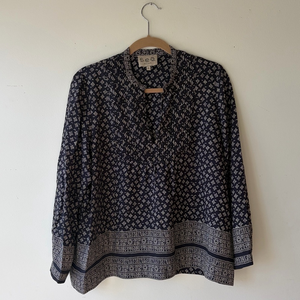 SEA NEW YORK Printed Blockprint Long Sleeve Silk Top - Picture 2 of 8